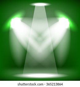 Vector Concert Lighting. Stage Spotlights Background. Lantern Illuminates Green Background. Spotlight Pattern