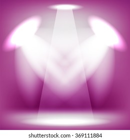 Vector Concert Lighting. Stage Spotlights Background. Glowing Lantern Illuminates Pink Background. Spotlight Pattern