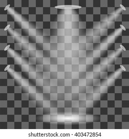 Vector Concert Lighting. Stage Spotlights Background. Lantern Illuminates Checkered Background. Glowing Spotlight Pattern