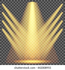 Vector Concert Lighting. Stage Spotlights Background. Yellow Lantern Illuminates Checkered Background. Spotlight Pattern