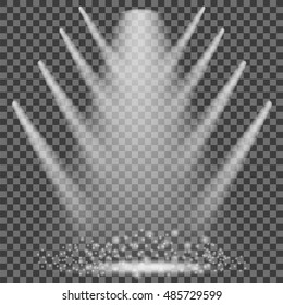 Vector Concert Lighting. Stage Spotlights Background. Lantern Illuminates The Dark Background. Spotlight Pattern