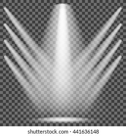 Vector Concert Lighting. White Stage Spotlights Background. Lantern Illuminates Checkered Background. Glowing Spotlight Pattern