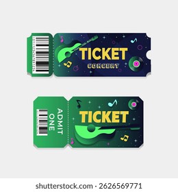 Vector concert or music festival ticket template in gradient style with colorful guitar, vinyl record, music notes, and barcode. Modern flat design for music events, parties, or festivals.Vector.