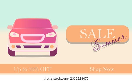 Vector concise banner Summer sale with a car on a light background. All elements are isolated from each other and easily editable.
