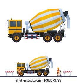 Vector concrete mixer, illustration concrete mixer and builder, builder with shovel in helmet