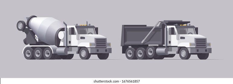 Vector concrete mixer truck & dump truck. Isolated american cement truck. Heavy empty truck. Collection