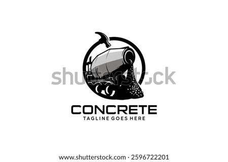 Vector concrete mixer truck logo design with hammer symbol