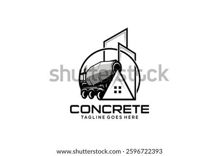 Vector concrete mixer truck logo design with house and building illustration symbol