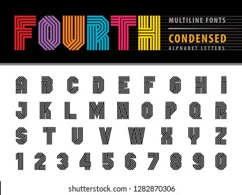 Vector of Condensed Alphabet Letters and numbers, Multi Line Font, Four Lines for each letter, Black Letters set for Fashion, Sport, Party, Gift Ribbon, school, army, power, academy, College, Varsity,