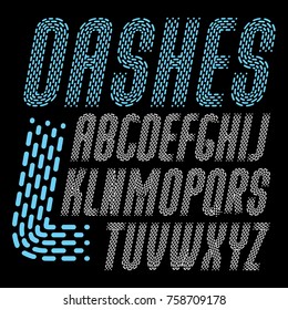 Vector condensed funky capital English alphabet letters collection. Rounded bold italic retro font, typescript for use in logo design, press. Made with parallel dashed lines.