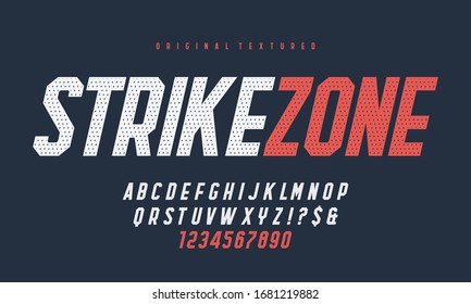 Vector condensed italic dynamic display font design with texture, alphabet, character set, typeface, typography, letters and numbers.