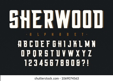 Vector condensed original display font design, alphabet, character set, letters and numbers. Swatch color control.