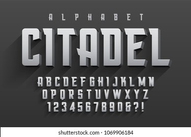 Vector condensed original display font design, alphabet, character set. Swatch color control.