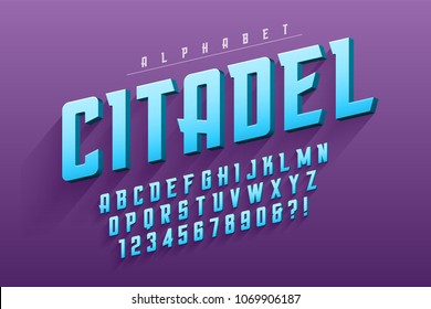 Vector condensed original display font design, alphabet, character set. Easy swatch color control.