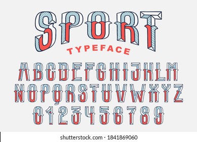 Vector condensed retro font and numbers with striped shadows. Perfect to use in retro identity, patriotic emblem,  July 4th posters, original history design, and others. 