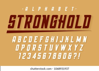 Vector condensed strong display font design, alphabet, character set, letters and numbers. Swatch color control.