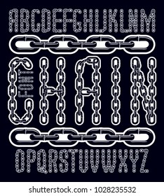 Vector condensed, tall font. Trendy typescript can be used in art creation. Capital decorative letters created using chrome chain, linkage.