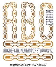 Vector condensed, tall font. Trendy typescript can be used in art creation. Upper case creative letters, abc  made with steel chain link, joined link.