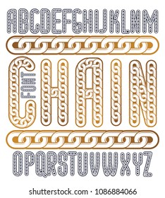 Vector condensed, tall font. Trendy typescript can be used in art creation. Upper case creative letters  made with steel chain link, joined link.

