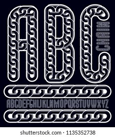 Vector condensed, tall font. Trendy typescript can be used in art creation. Capital decorative letters, abc created using connected chain link.