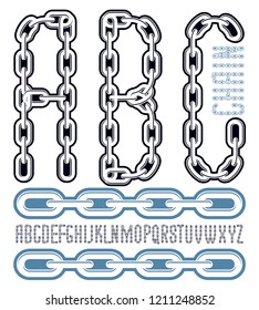 Vector condensed, tall font. Trendy typescript can be used in art creation. Upper case decorative letters, abc created using metal connected chain link.