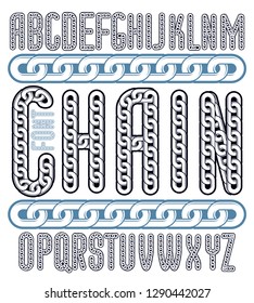 Vector condensed, tall font. Trendy typescript can be used in art creation. Upper case decorative letters created using metal connected chain link.