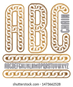 Vector condensed, tall font. Trendy typescript can be used in art creation. Capital decorative letters, abc created using chrome chain, linkage.