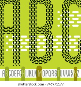 Vector condensed upper case modern alphabet letters, abc set. Rounded bold retro type font, script from a to z can be used for logo creation. Made with parallel dashed lines.