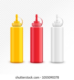 Vector condiment ketchup mayonnaise mustard. Food taste ingredient. Bottle or container red, white and yellow.