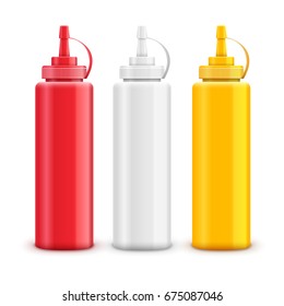 Vector condiment ketchup mayonnaise mustard. Food taste ingredient. Bottle or container red, white and yellow.