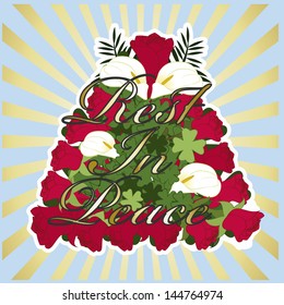 vector condolences floral arrangement with gold text on a light blue background.
