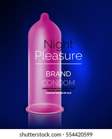 Vector condom ad template. Latex contraceptive, 3d illustration on purple