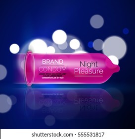 Vector condom ad template. Latex contraceptive, 3d illustration