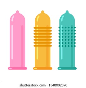 Vector condom icon. Contraception concept. Different forms and types of condoms isolated on white background. 