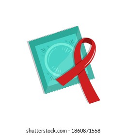 Vector condom in package with red ribbon. World Aids day reminder. Contraception concept. Medical isolated flat icon.