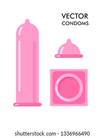 Vector Condom And Packages Icon. Contraception Concept. Sealed And Open Condoms Isolated On White Background. 