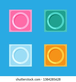 Vector condoms and packages icon. Contraception concept. Set of sealed condom isolated on blue background. 