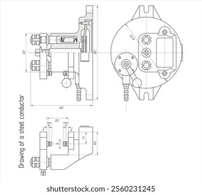 Vector conductor.
Engineering mechanical assembly drawing of steel device
with dimension lines and cross section. Industrial technic 
cad scheme on white paper sheet. 
Automatic machine. 