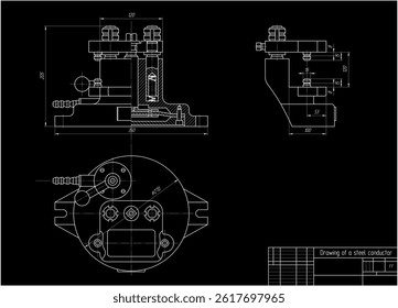 Vector conductor. Engineering mechanical assembly drawing of steel device
with dimension lines and cross section. Industrial technic cad scheme on paper sheet. Automatic machine. 