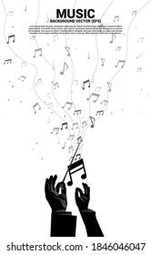 Vector conductor hand with music melody note dancing flow . Concept background for song and concert theme.