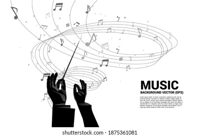 Vector conductor hand with music melody note dancing flow . Concept background for song and concert theme.