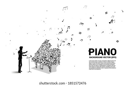 Conductor de vectores y nota melodía de música fluyen en forma de icono de piano. Antecedentes conceptuales de la canción y el tema del concierto.