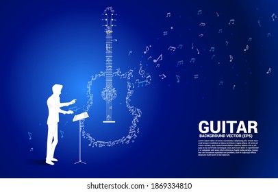 vector conductor and music melody note dancing flow shape guitar icon . Concept background for song and guitar concert theme.