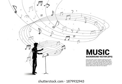 vector conductor and music melody note dancing flow . Concept background for song and concert theme.