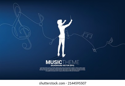 Vector conductor with music melody note dancing flow from single line . Concept background for song and concert theme.