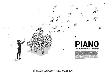 Vector conductor and music melody note dancing flow shape piano icon . Concept background for song and concert theme.