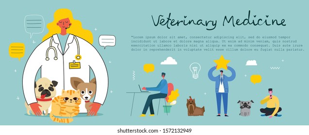 Vector conept illustration veterinary doctor with a cat and two dogs in a veterinary office. Pets visitining a vet in the flat style