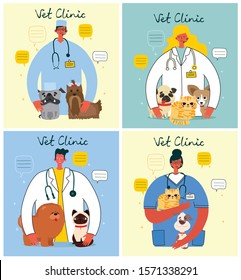 Vector conept illustration veterinary doctors with cats and dogs in a veterinary office. Pets visitining a vet in the flat style