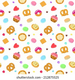 Vector confection and sweets seamless pattern with pastries, candies, pretzels and muffin 