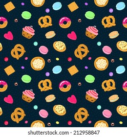 Vector confection and sweets seamless pattern with pastries, candies, pretzels and muffin (on a dark blue background)